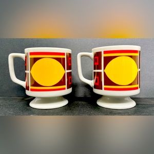 Vintage Pair MCM Mugs Orange Yellow Lemon  Fruit Brown Cups 8oz Boho Geometric